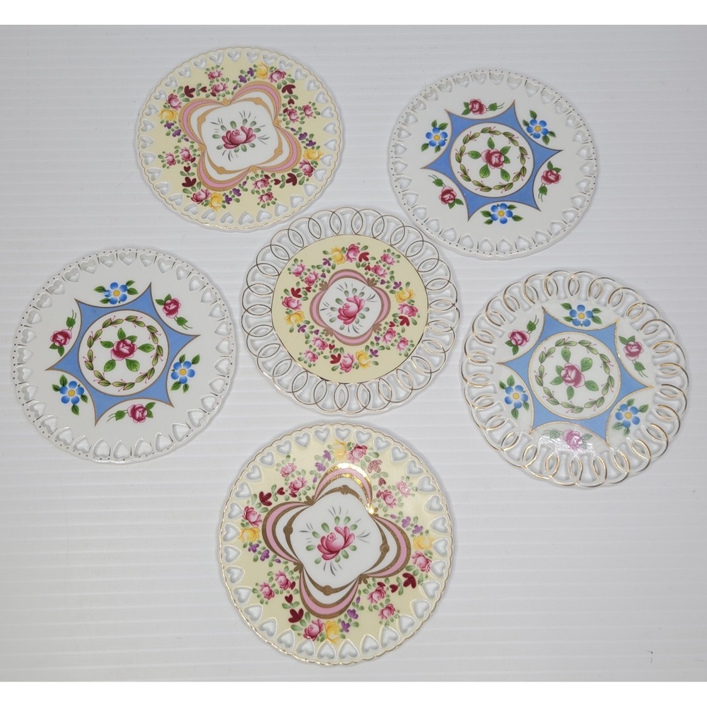 Hand Painted Porcelain Coasters with Floral Design 3 3/4" Set of 6